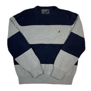 Vintage Nautica Jeans Co Sweater Mens L Blue Gray Stripe Cotton Knit Crewneck
